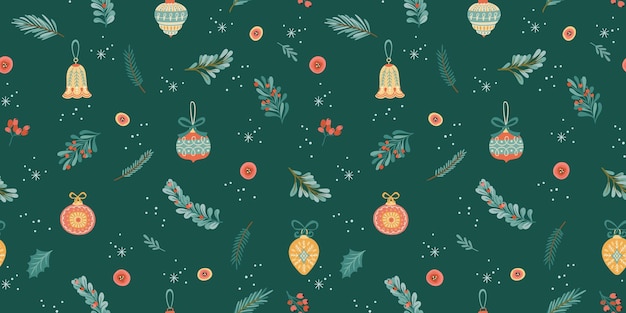 Navidad y Feliz Año Nuevo patrón sin costuras decoraciones de árboles de Navidad ramas bayas copos de nieve símbolos de Año Nuevo estilo retro de moda plantilla vectorial