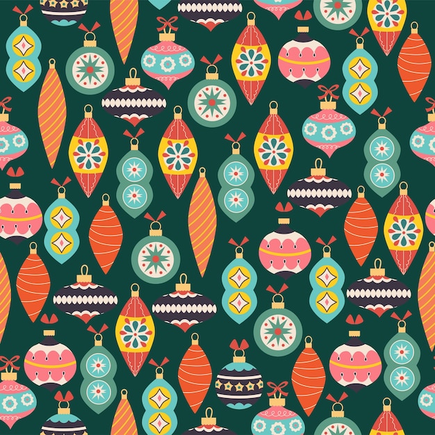 Navidad y feliz año nuevo de patrones sin fisuras con adornos navideños. Ilustración de vector de estilo retro de moda. Muy adecuado para imprimir textiles, telas, papel de regalo.