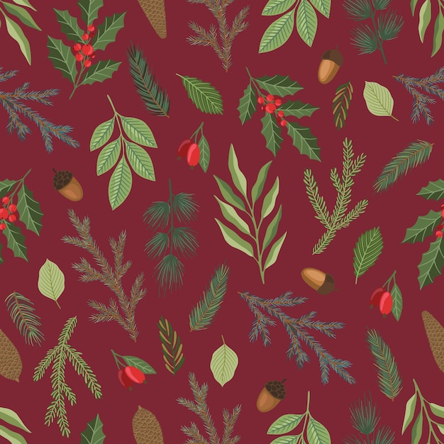 Navidad y feliz año nuevo de patrones sin fisuras con adornos navideños. Plantilla de diseño vectorial.