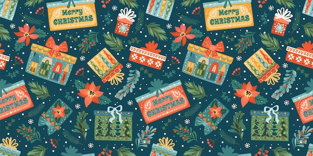 Navidad y feliz año nuevo de patrones sin fisuras con cajas de regalo. Plantilla de diseño vectorial.