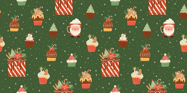 Navidad y feliz año nuevo de patrones sin fisuras con dulces navideños y bebida. Plantilla de diseño vectorial.