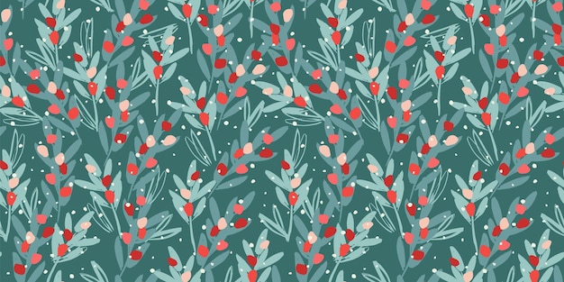 Navidad y feliz año nuevo de patrones sin fisuras ramas hojas bayas copos de nieve símbolos de año nuevo estilo retro de moda plantilla de diseño vectorial