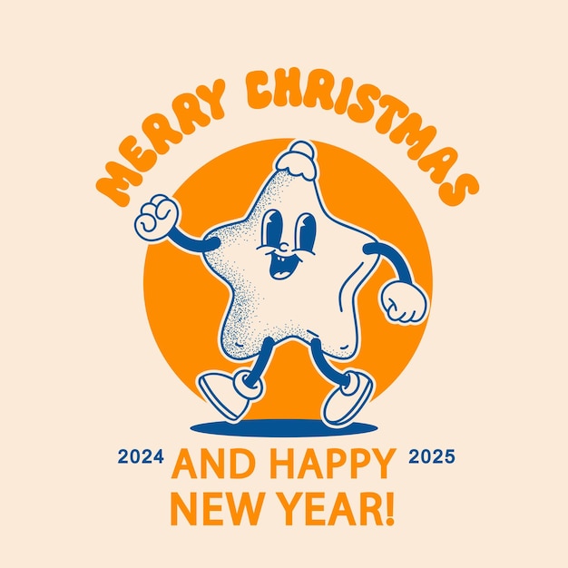 Navidad y Feliz Año Nuevo sonriente decoración de árbol de Navidad estrella en el estilo de dibujos animados retro de moda
