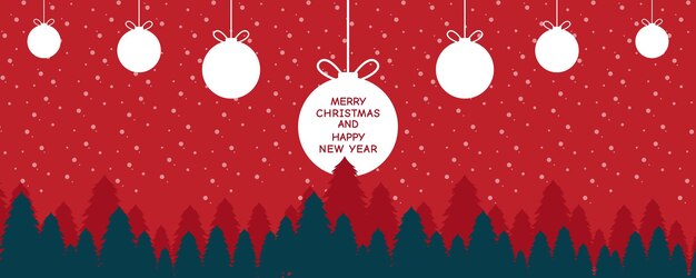 Navidad y Feliz Año Nuevo tarjeta de felicitación diseño de estandarte de fondo con bolas y árbol