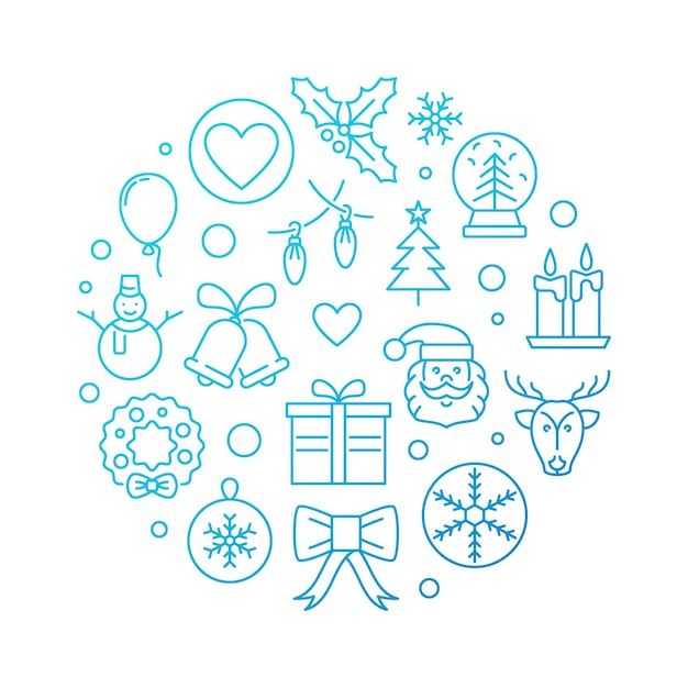 Navidad y feliz año nuevo vector azul línea redonda ilustración sobre fondo blanco