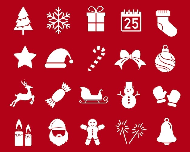 Navidad feliz icono blanco establecido en fondo rojo Feliz año nuevo colección de símbolos decorativos de Navidad
