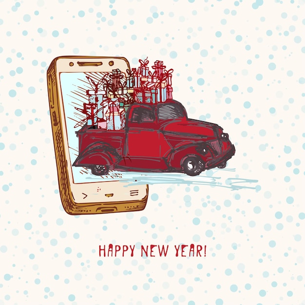 Navidad festiva Año nuevo concepto entrega de vacaciones Smartphone dibujado a mano y coche rojo con abeto decorado bolas rojas y regalos sobre fondo nevado Texto Feliz año nuevo Ilustraciones vectoriales