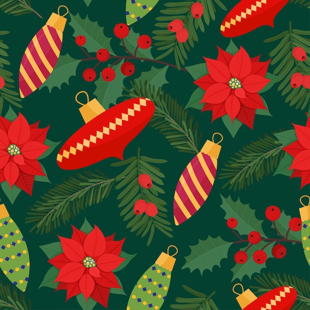 Navidad festiva de patrones sin fisuras con bolas de decoración y plantas navideñas.