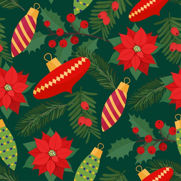 Vector navidad festiva de patrones sin fisuras con bolas de decoración y plantas navideñas.