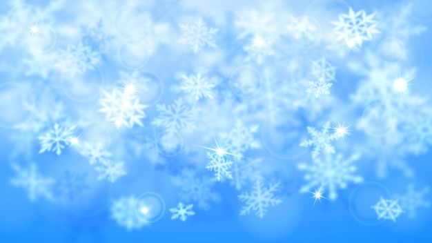 Navidad fondo borroso de copos de nieve cayendo grandes y pequeños desenfocados complejos en colores azul claro con efecto bokeh