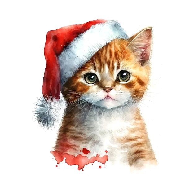 Navidad gatito acuarela en estilo boceto dibujado a mano dibujo vectorial dibujo lindo divertido