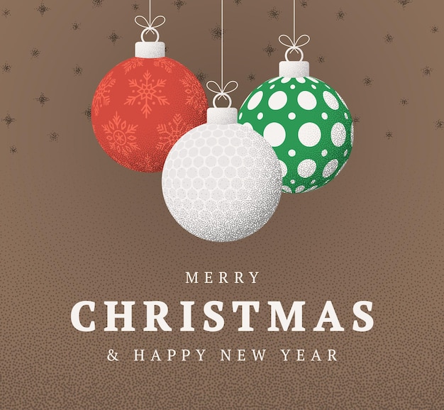 Navidad golf tarjeta de salud granulado Feliz Navidad y feliz año nuevo deporte tarjeta de salud retro colgar en un hilo bola de Navidad bauble en el ruido fondo punteado marrón