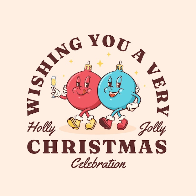 Navidad Groovy Bauble Retro Personajes de dibujos animados Xmas Ball Personaje Etiqueta Vector Mascota plantilla