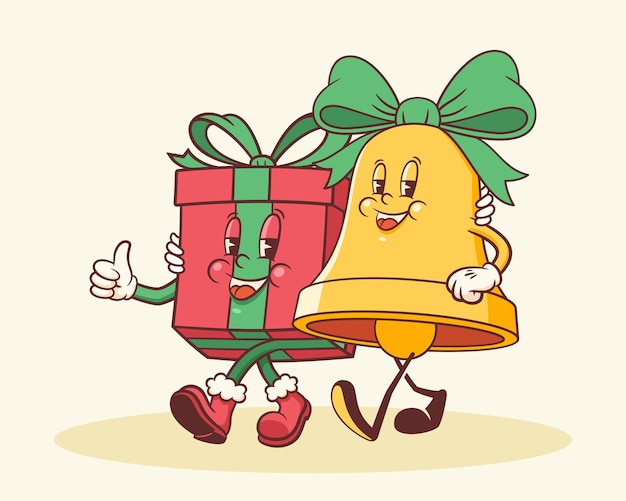 Navidad Groovy Santa Bell Chime y caja de regalos Retro personajes de dibujos animados Xmas Ilustración Vector