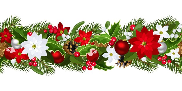 Vector navidad horizontal fondo sin costuras con ramas de abeto bolas conos poinsettias holly un