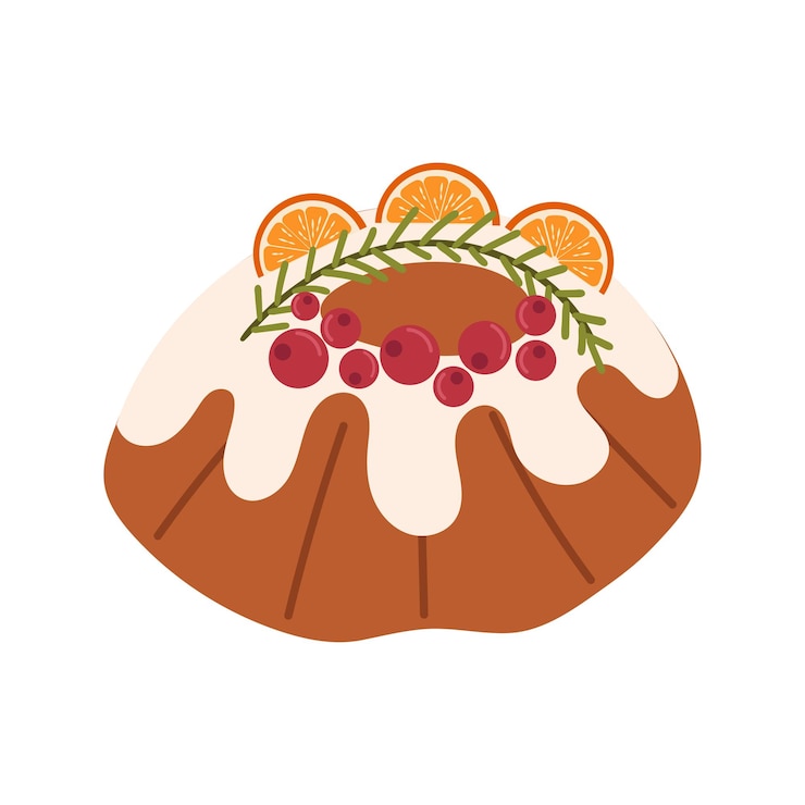 Vector navidad horneando un hermoso pastel con bayas naranjas cubiertas con esmaltado blanco cáscara de cítricos