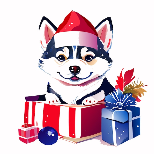 Vector navidad, husky, cachorro, mano, dibujado, caricatura, pegatina, icono, concepto, aislado, ilustración