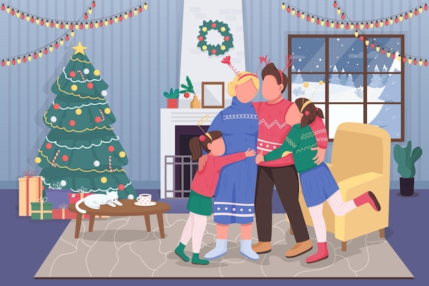 Navidad con la ilustración de vector de color plano familiar. Celebración de año nuevo en casa con familiares. Fiesta festiva. Padres abrazando a niños personajes de dibujos animados 2D con interior en el fondo