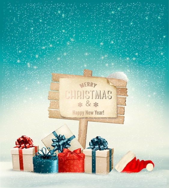 Navidad de invierno con un cartel, cajas de regalo y un fondo de gorro de santa.