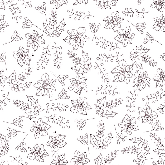 Navidad invierno floral poinsettia línea vector de patrones sin fisuras