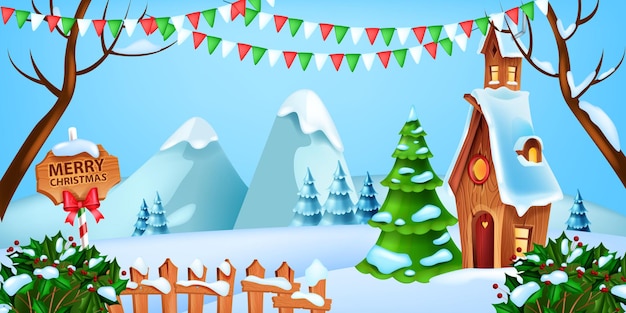 Navidad, invierno, paisaje, vector, vacaciones, navidad, nieve, plano de fondo, pino, árbol, santa claus, casa, bandera