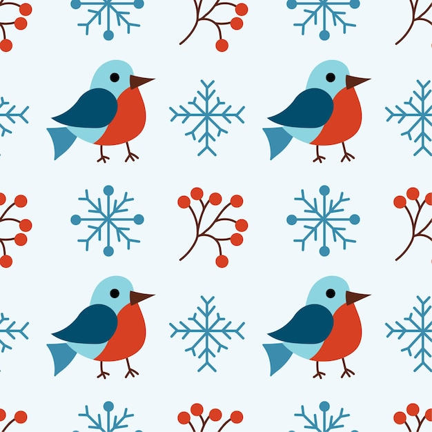 Navidad invierno de patrones sin fisuras con lindos pájaros camachuelos bayas de serbal copos de nieve