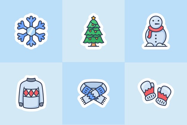 Vector navidad de invierno con suéter de chaqueta de muñeco de nieve de árbol y guantes icono para pegatina o colección de pegatinas