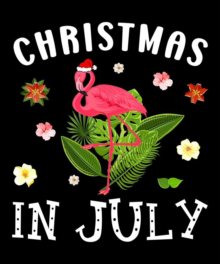 Navidad en julio divertido diseño de camisa de verano, vector floral tropical del sombrero de santa flamingo