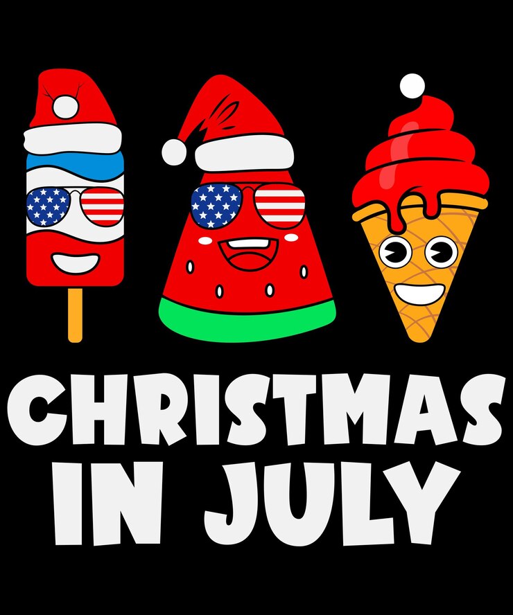Navidad en julio Divertido verano 4 de julio plantilla de impresión de camiseta Vector de sandía con gafas