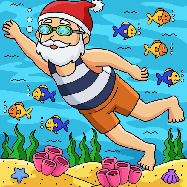 Navidad en julio Santa nadando dibujos animados a color