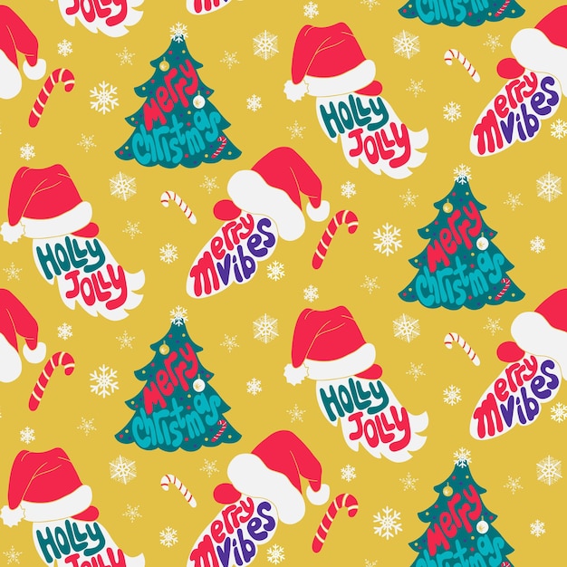 Navidad letras retro groovy patrón sin costuras con siluetas de Papá Noel y árboles de Navidad