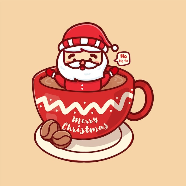 Vector navidad linda de papá noel en la ilustración de la taza de café para la tarjeta. texto de saludo de feliz navidad. estilo kawaii