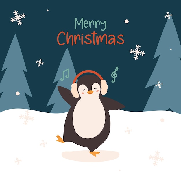 Navidad lindo pingüino bailando con auriculares