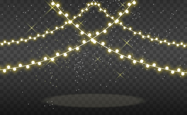 Navidad luces brillantes, hermosas, elementos de diseño. Luces brillantes para el diseño de tarjetas de felicitación de Navidad. Guirnaldas, adornos navideños ligeros.