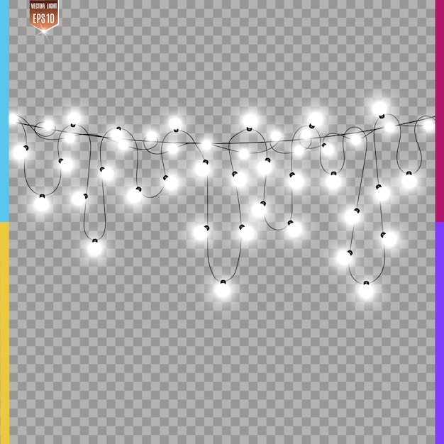 Navidad luces brillantes, hermosas, elementos de diseño. Luces brillantes para el diseño de tarjetas de felicitación de Navidad. Guirnaldas, adornos navideños ligeros.