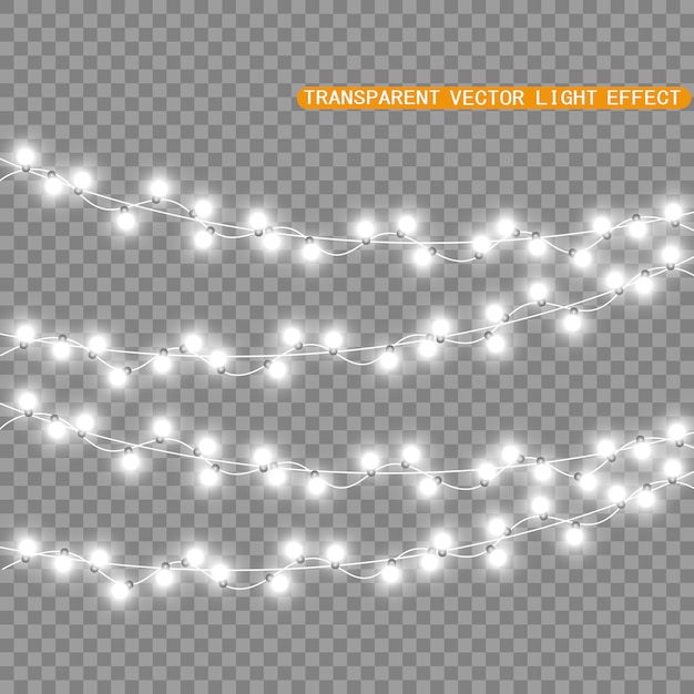 Navidad luces brillantes, hermosas, elementos de diseño. Luces brillantes para el diseño de tarjetas de felicitación de Navidad. Guirnaldas, adornos navideños ligeros.