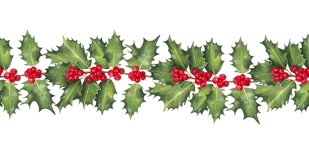 Navidad marco de borde horizontal sin costuras de ramas de acebo con bayas rojas Año Nuevo Navidad