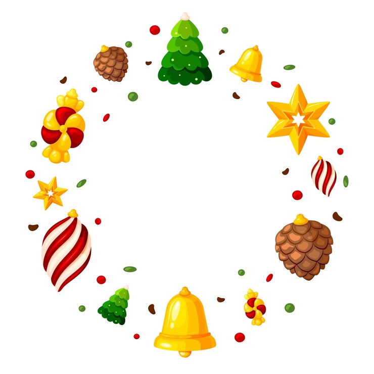Vector navidad marco redondo árbol de juguete corona tarjeta de felicitación plana caramelo discoteca bola abeto cono estrella gota retorcido guante campana árbol verde rojo oro decoración de invierno festivo fondo plantilla de volante festivo aislado