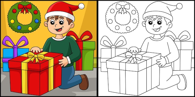 Navidad niño abriendo regalo página para colorear