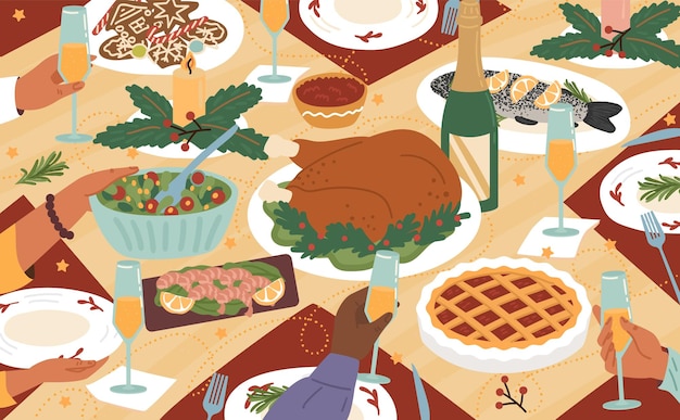 Vector navidad o día de acción de gracias cena festiva con las manos de la gente y deliciosos platos tradicionales de vacaciones en platos bebidas ilustración vectorial de vista superior