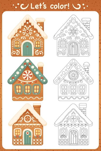 Navidad Pan de jengibre Casas para colorear Página de libro Hoja de actividad de vacaciones de invierno para niños Vector