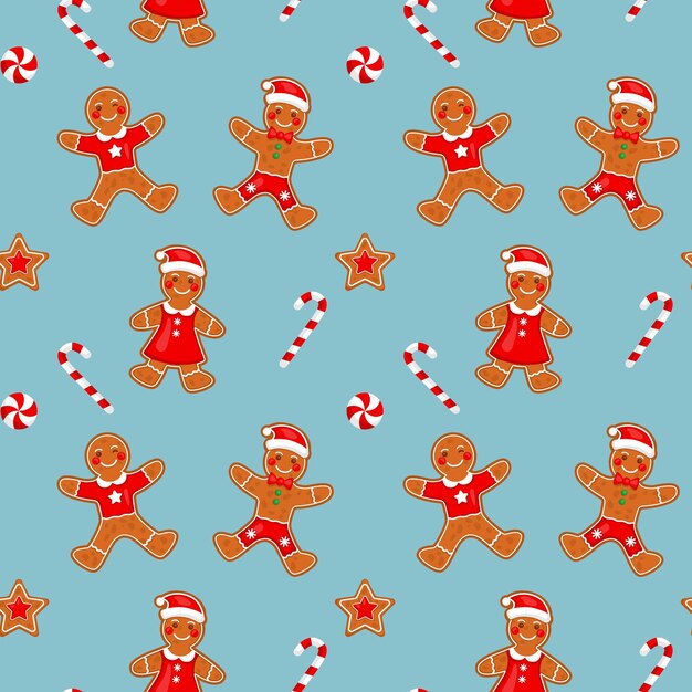 Navidad pan de jengibre hombre patrón de caña de caramelo Repite caramelos para envolver papel tapiz diseño vacaciones de invierno textil adorno tradicional de Noel vector fondo ordenado sin costuras