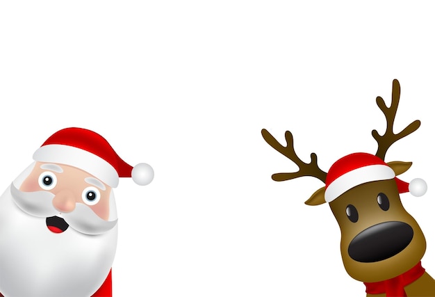 Vector navidad papá noel y renos de cerca sobre un fondo blanco ilustración vectorial