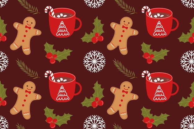 Navidad patrón sin costuras pan de jengibre hombres ramas de abeto verde taza con cacao aislado en marrón