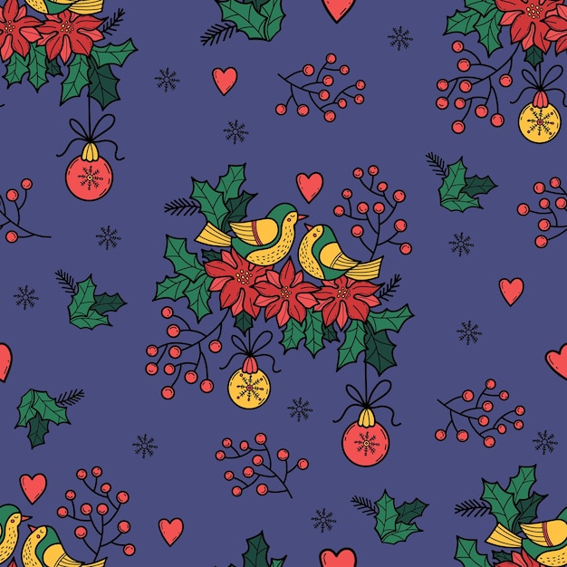 Navidad patrón sin costuras pareja de pájaros de amor con bayas poinsettia flores de acebo y bolas en azul