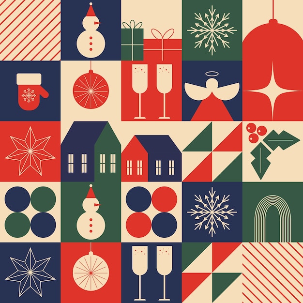 Navidad patrón geométrico sin costuras tarjeta retro colorida en plantillas vectoriales de estilo plano