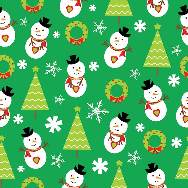 Navidad sin patrón de muñeco de nieve y árbol de Navidad sobre fondo verde