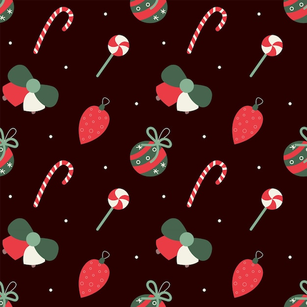 Navidad de patrones sin fisuras con adornos para árboles de Navidad y bastones de caramelo tradicionales arte vectorial