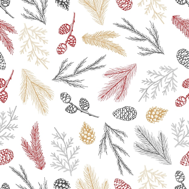 Navidad de patrones sin fisuras con adornos para árboles de Navidad, ramas de pino dibujado a mano ilustración de vector de diseño de arte.
