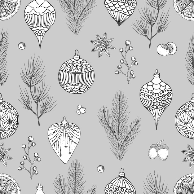 Navidad de patrones sin fisuras con adornos para árboles de Navidad, ramas de pino dibujado a mano ilustración de vector de diseño de arte.